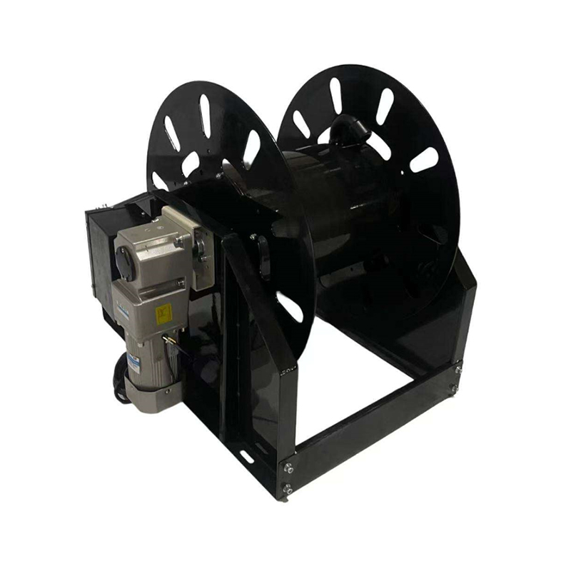 Black motorized dual-spool hose reel with electric motor and gear assembly mounted on a heavy-duty metal frame.
